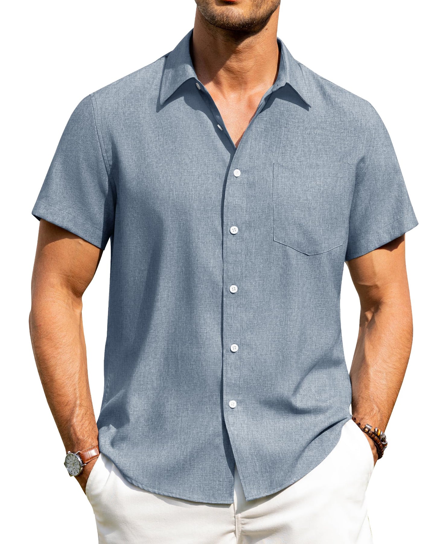 HOTAlimens & Gentle Mens Linen Shirts Short Sleeve Button Down Shirts Wrinkle Free Casual Vacation Beach Summer Tops
