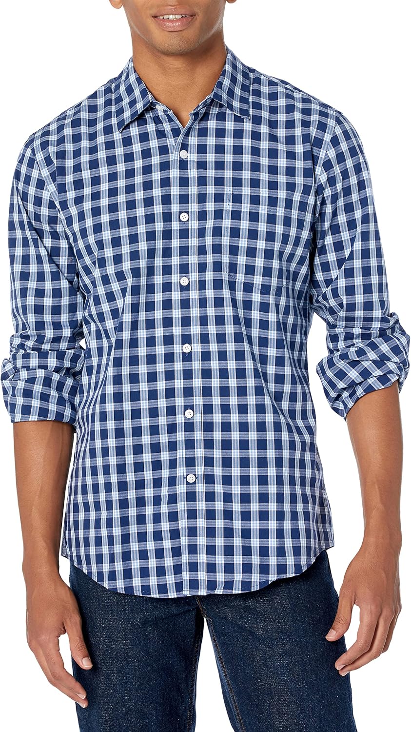 HOTAmazon Essentials Men's Regular-Fit Long-Sleeve Casual Poplin Shirt, Button Front, Business Casual, Collared