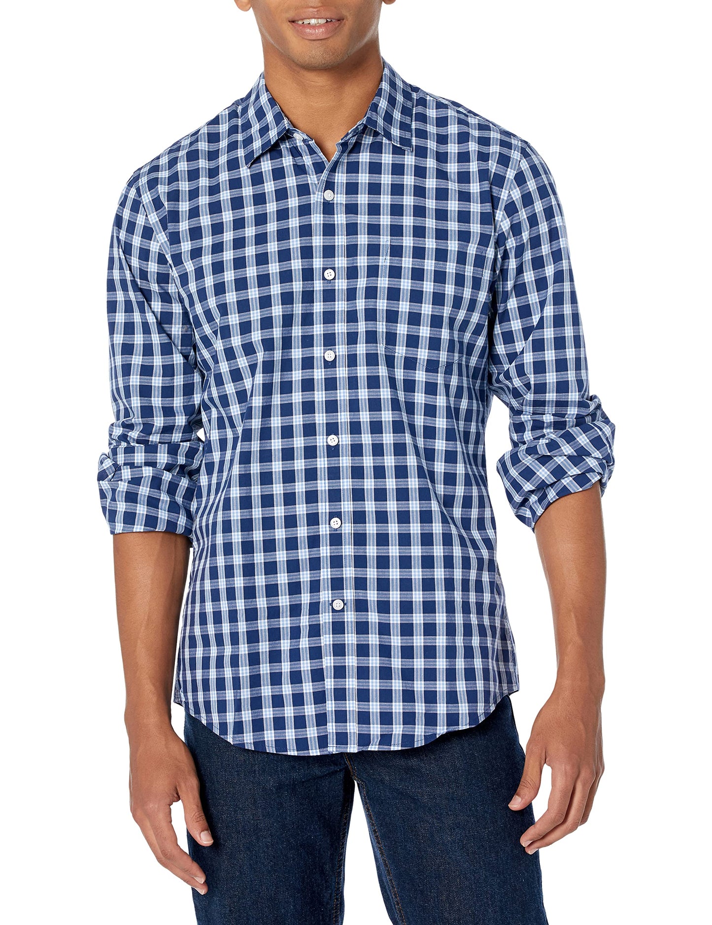 HOTAmazon Essentials Men's Regular-Fit Long-Sleeve Casual Poplin Shirt, Button Front, Business Casual, Collared