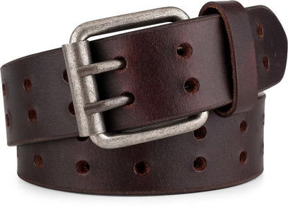 HOTF&L CLASSIC Leather Work Belt, Heavy Duty Double Prong full grain Leather Belts for Men 1 1/2", Mens Casual Belts for Jeans