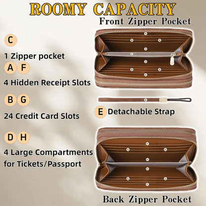 HOTLarge Capacity Women's Leather Wallet - RFID Blocking Double Zipper Around Wristlet Clutch Credit Card Holder