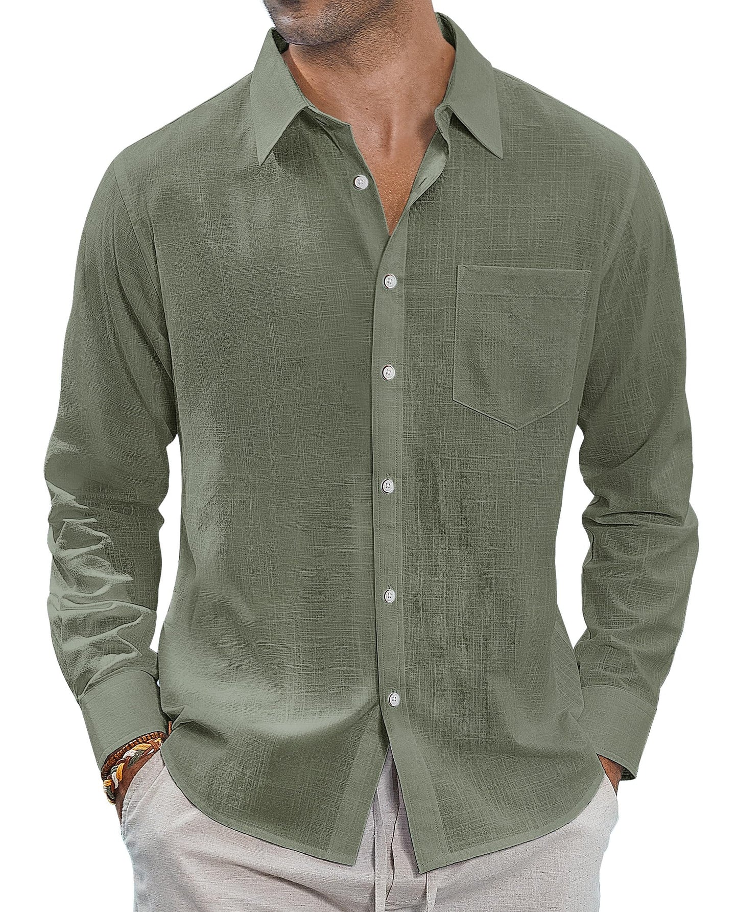 HOTJ.VER Men's Linen Shirts Casual Button Down Long Sleeve Shirt Solid Spread Collar Summer Beach Shirts with Pocket