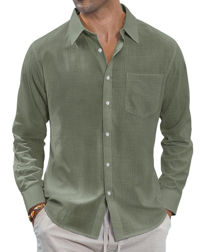 HOTJ.VER Men's Linen Shirts Casual Button Down Long Sleeve Shirt Solid Spread Collar Summer Beach Shirts with Pocket