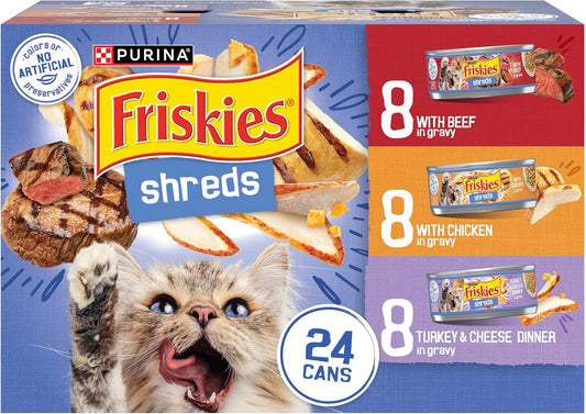 HOTPurina Friskies Gravy Wet Cat Food Variety Pack, Shreds With Beef, With Chicken, and Turkey and Cheese Dinner - (Pack of 24) 5.5 oz. Cans