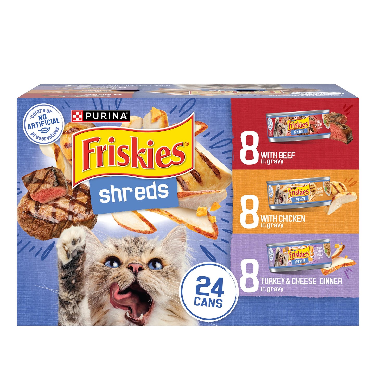 HOTPurina Friskies Gravy Wet Cat Food Variety Pack, Shreds With Beef, With Chicken, and Turkey and Cheese Dinner - (Pack of 24) 5.5 oz. Cans