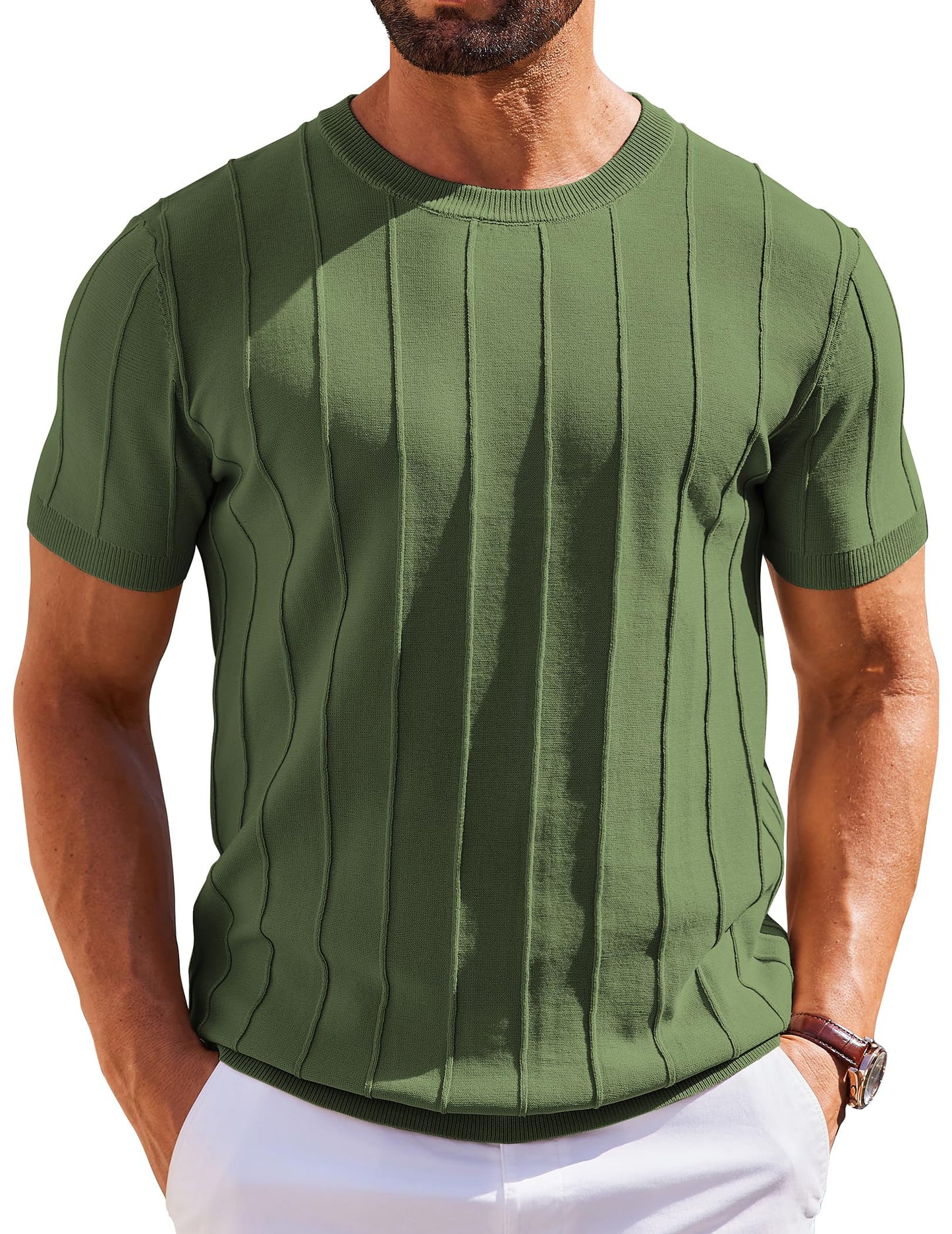 HOTCOOFANDY Men's T- Shirts Short Sleeve Knit Sweater Shirt Casual Crewneck Ribbed Pullover Tees