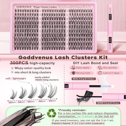 HOTGoddvenus Lash Clusters Kit Wispy Eyelash Clusters Lashes Natural DIY Lash Extension Kit 10-16mm Cluster Eyelash Extensions Kit 300pcs C Curl Individual Lashes Cluster Eyelash (No Tweezers)