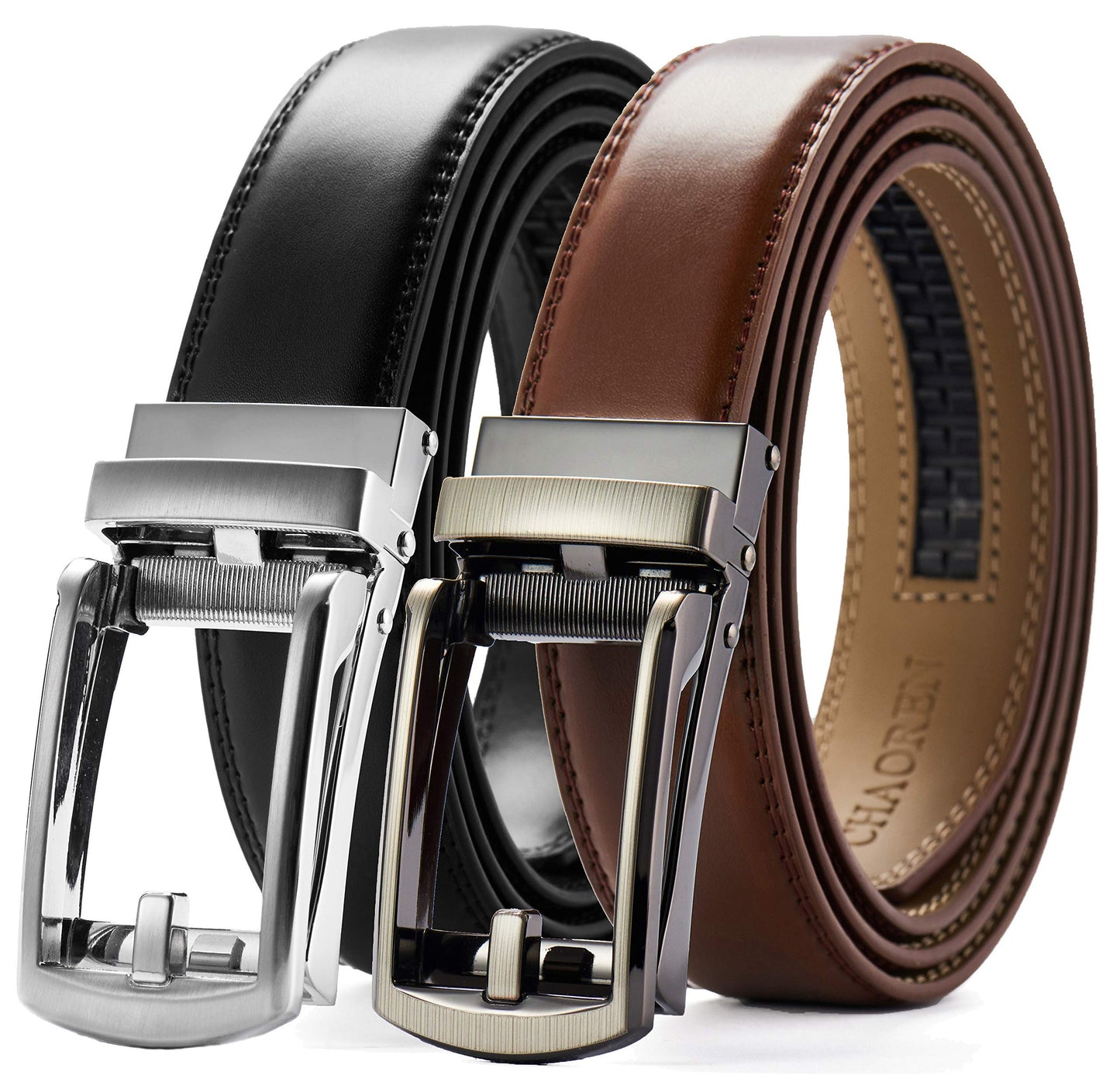 HOTCHAOREN Click Belt for Men 2 Pack - Mens Dress Belt 1 1/4" in Packing Box - Design Belt Meet Almost Any Outfit and Occasion