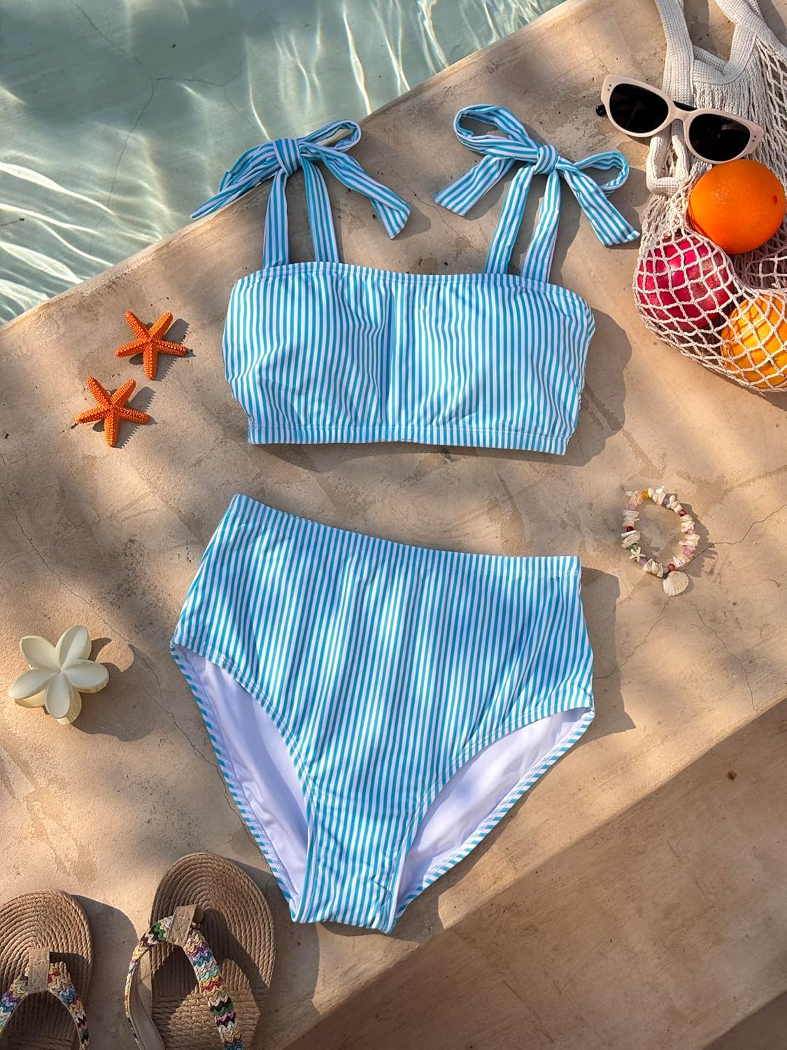 HOTHerseas Women's Tie Shoulder Bikini Sets 2 Piece Striped Swimsuits High Waisted Bathing Suits