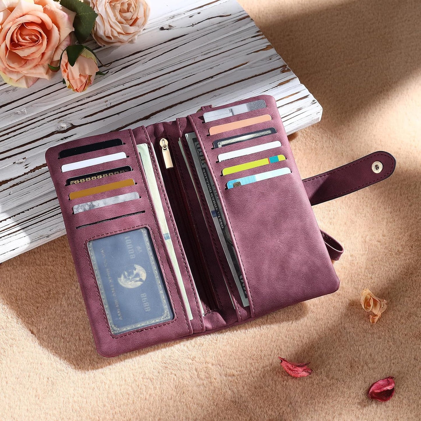 HOTPersonalized Wallet for Women, Custom Birth Flower & Name Detachable Leather Wristlet, Stylish Card Holder Purse with Zipper Large Capacity Wallet Mother's Day Gifts for Mom (Purple)