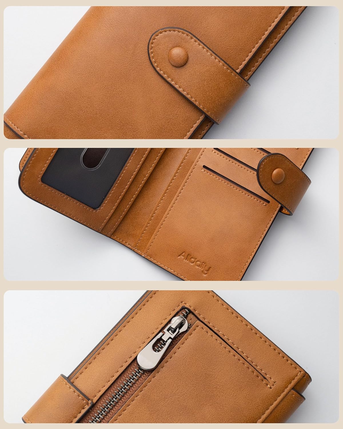 HOTRFID Blocking Leather Wallet for Women, Slim Trifold with 14 Card Slots and Zipper Pocket (Brown)