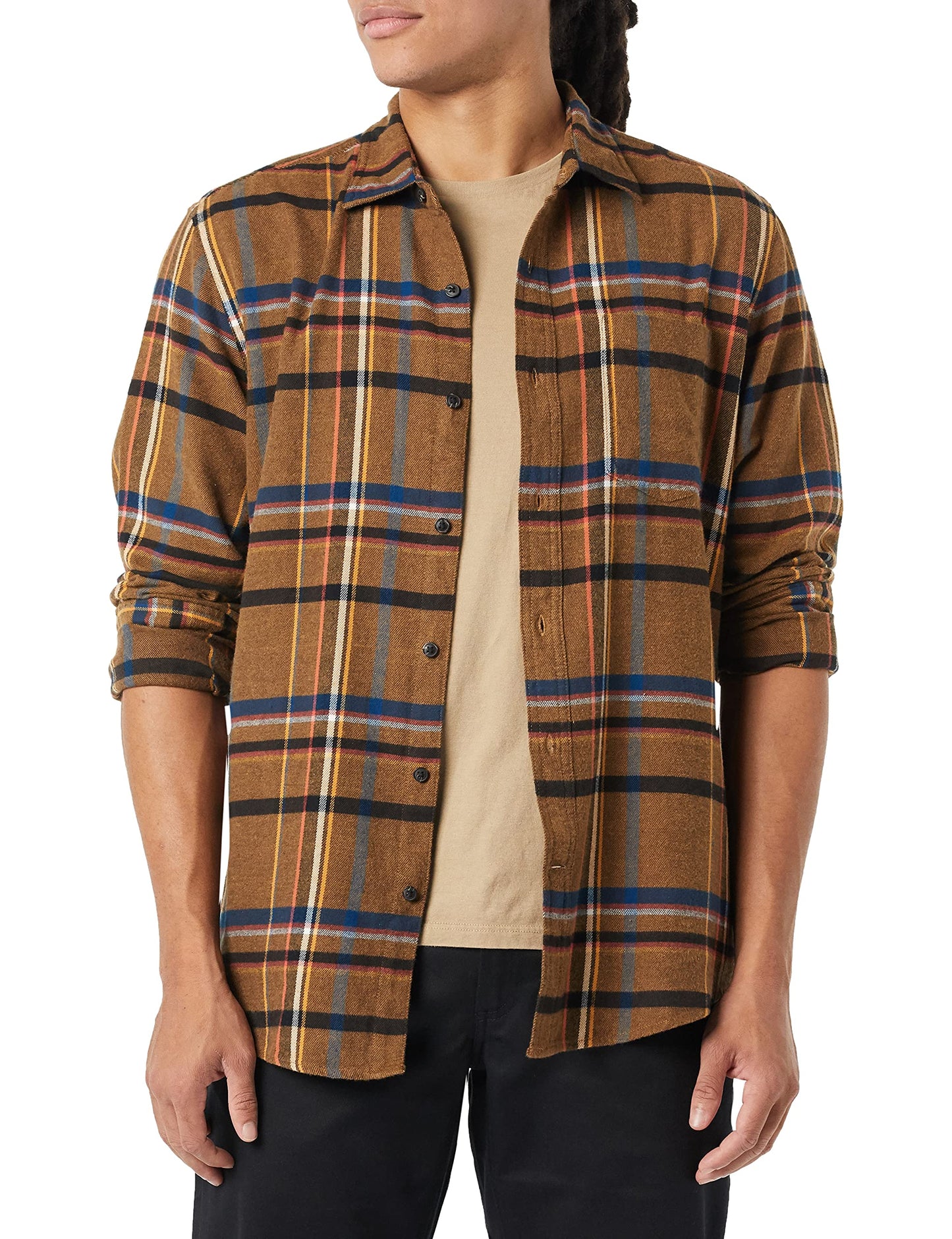 HOTAmazon Essentials Men's Regular Fit Long-Sleeve Flannel Shirt, Soft Brushed Cotton, Lightweight yet Warm