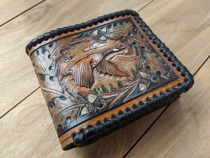 HOTAmerican Black Duck, Geese, Oak Leaf, Paysage, Goose, Hunter, Men's 3D Genuine Leather Wallet, Handmade wallet, Carved wallet, Tooled wallet, Bifold wallet, Custom wallet, Personalized wallet