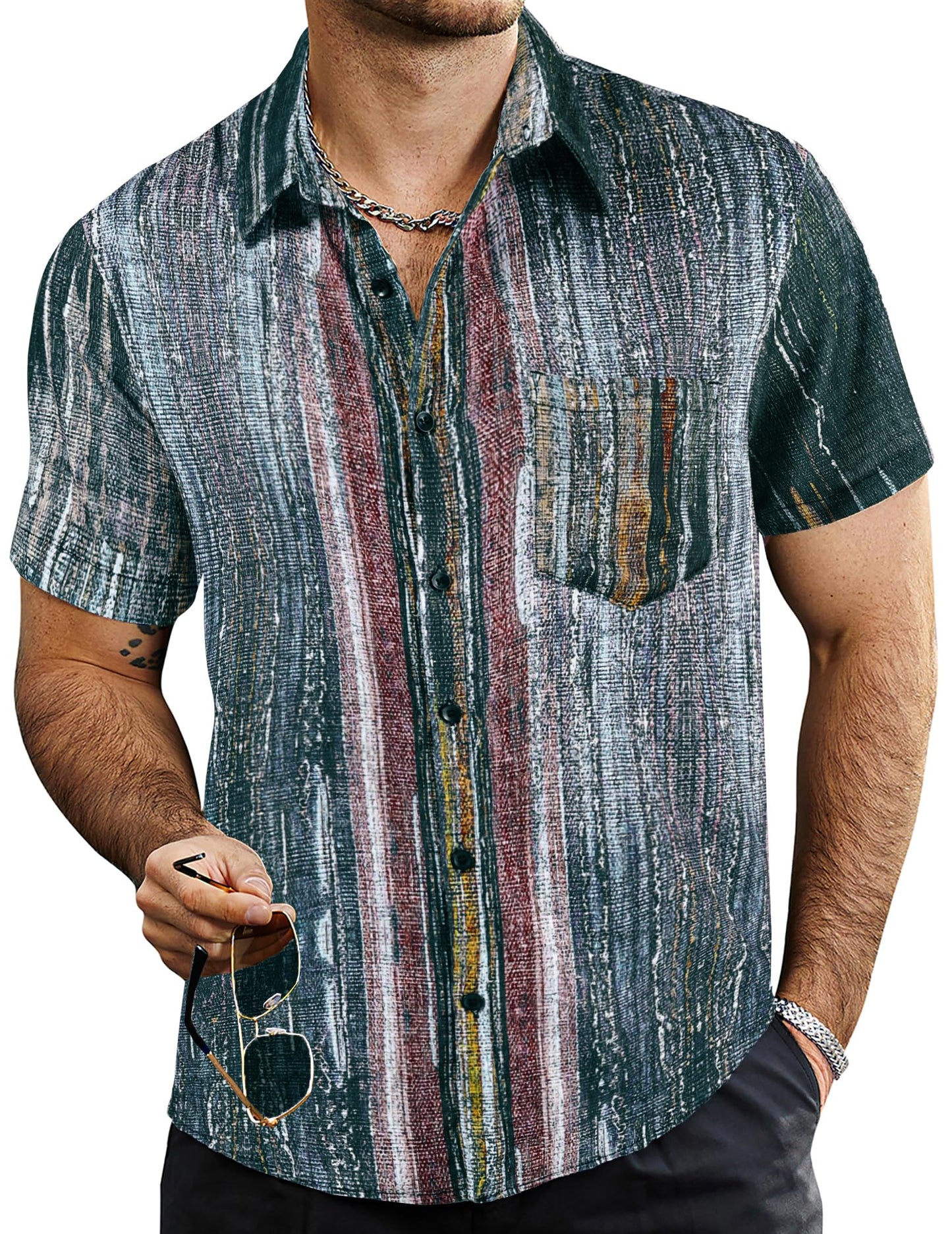 HOTVATPAVE Mens Summer Striped Shirts Button Down Short Sleeve Vintage Beach Hawaiian Shirts with Pocket