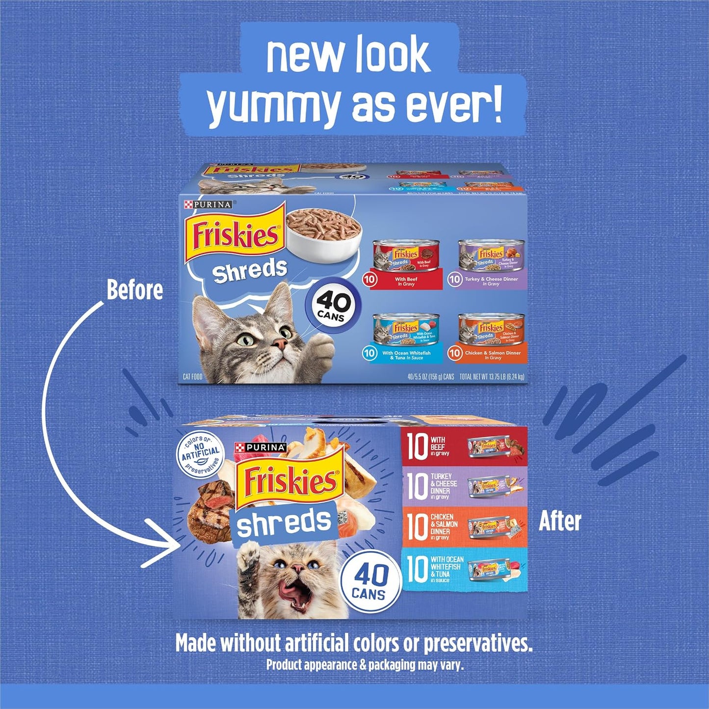 HOTPurina Friskies Wet Cat Food Variety Pack, Shreds With Beef, Turkey and Cheese Dinner, Chicken and Salmon Dinner, and With Ocean Whitefish and Tuna - (Pack of 40) 5.5 oz. Cans