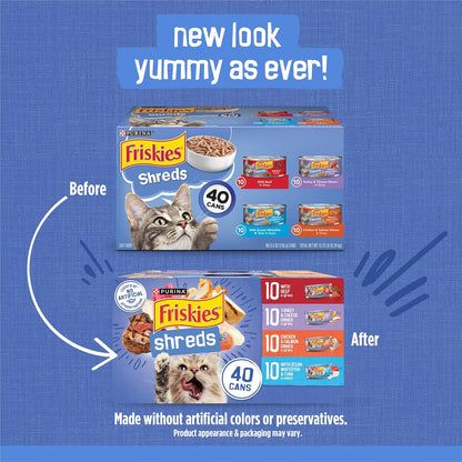 HOTPurina Friskies Wet Cat Food Variety Pack, Shreds With Beef, Turkey and Cheese Dinner, Chicken and Salmon Dinner, and With Ocean Whitefish and Tuna - (Pack of 40) 5.5 oz. Cans