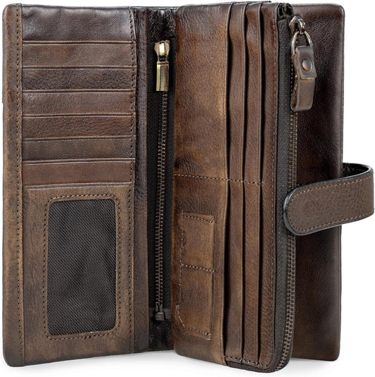 HOTWomen RFID Blocking Wallet Leather Vintage Large Capacity Credit Card Clutch Coffee