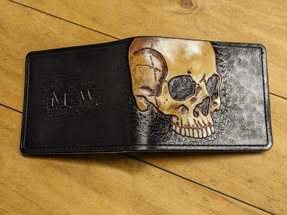HOTTheodoros Gothic Skull Leather Wallet for Men – Dark Fantasy Skeleton Design – RFID Genuine Leather Bifold Biker Wallet, Embossed, Carved, Tooled & Painted Wallet, Custom Personalized Gift