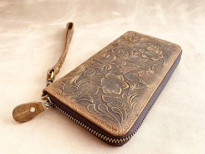 HOTGeneric Women's Long Wallet Organizer, Zipper Wallet, Wristlet Wallet, Brown Floral Top Grain Cowhide Leather Wallet for Women