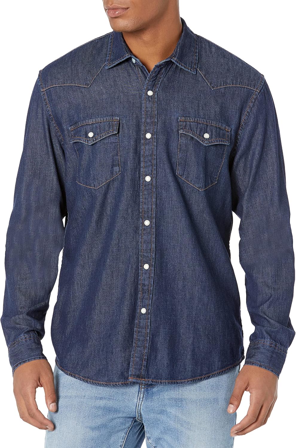 HOTAmazon Essentials Men's Slim-Fit Long-Sleeve Denim Western Style Cotton Shirt with Snap Buttons, Lightweight