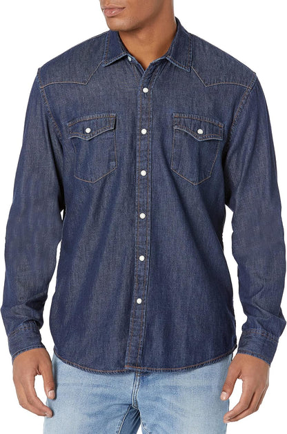 HOTAmazon Essentials Men's Slim-Fit Long-Sleeve Denim Western Style Cotton Shirt with Snap Buttons, Lightweight