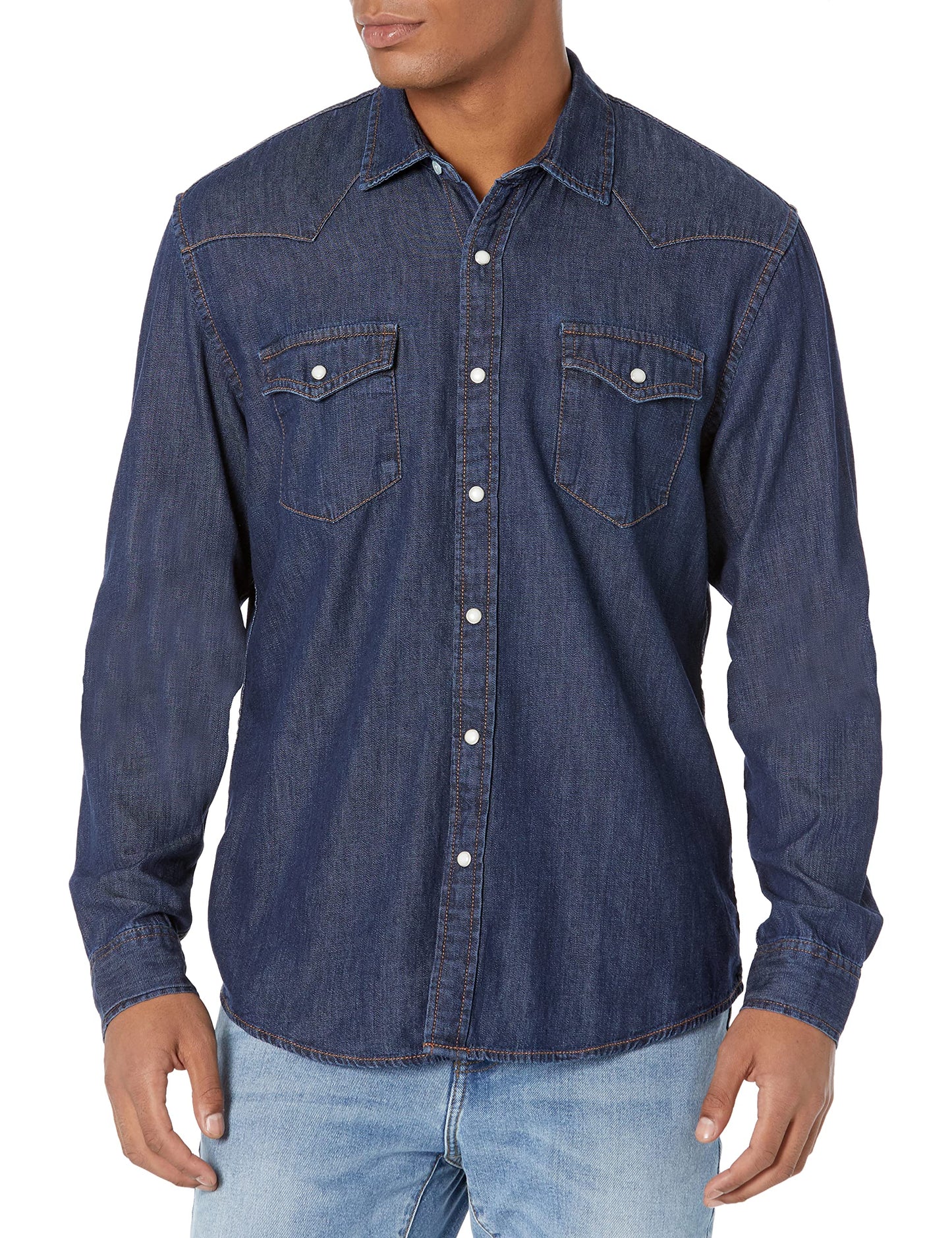 HOTAmazon Essentials Men's Slim-Fit Long-Sleeve Denim Western Style Cotton Shirt with Snap Buttons, Lightweight