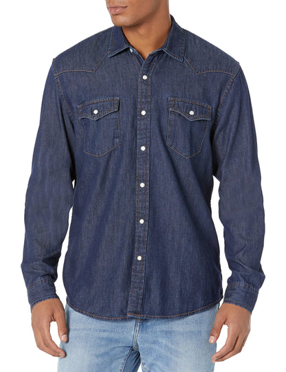 HOTAmazon Essentials Men's Slim-Fit Long-Sleeve Denim Western Style Cotton Shirt with Snap Buttons, Lightweight