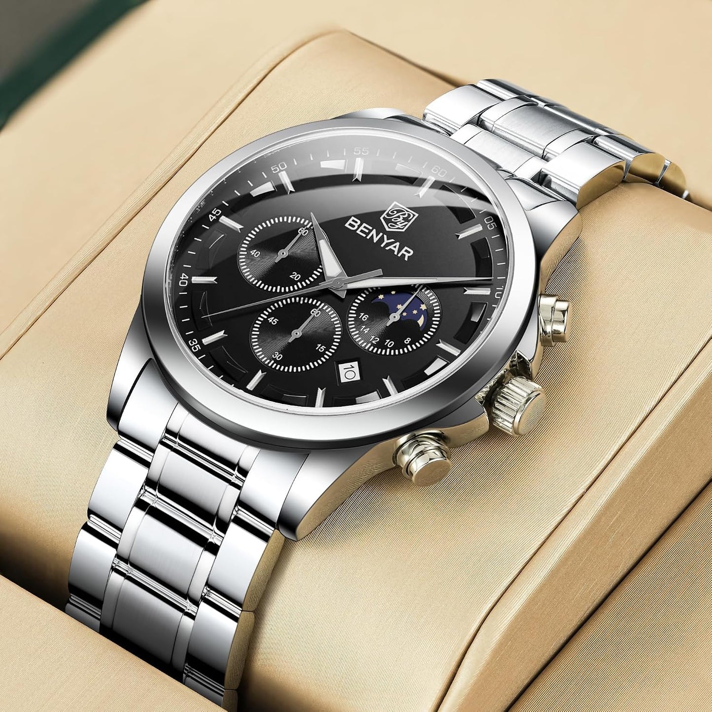 HOTBENYAR Mens Watches Analog Quartz Chronograph Waterproof Wrist Watches for Men Fashion Business Work Casual Sport Designer Dress Watch with Calendar Elegant Gifts for Men