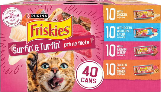 HOTPurina Friskies Gravy Wet Cat Food Variety Pack, Surfin’ and Turfin’ Prime Filets Favorites - (Pack of 40) 5.5 oz. Cans