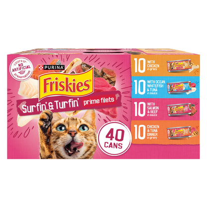 HOTPurina Friskies Gravy Wet Cat Food Variety Pack, Surfin’ and Turfin’ Prime Filets Favorites - (Pack of 40) 5.5 oz. Cans