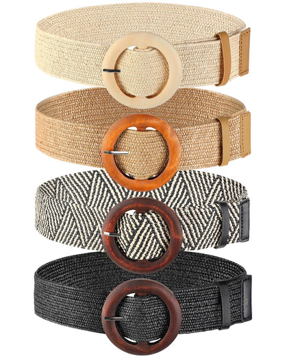 HOTWILLBOND 4 Pcs Women's Elastic Raffia Woven Belt, Boho Rattan Buckle Stretch Straw Wide Waist Belt for Dresses Jeans Pants
