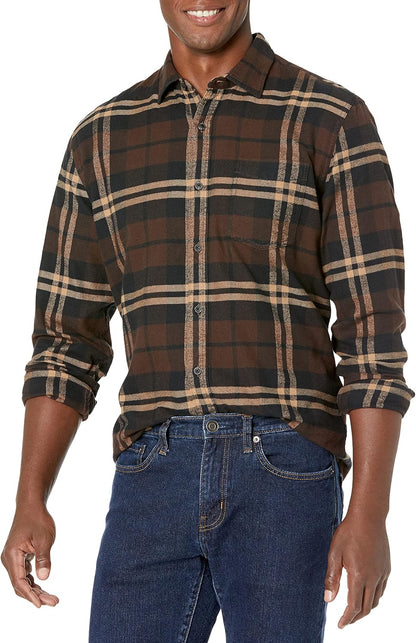 HOTAmazon Essentials Men's Regular Fit Long-Sleeve Flannel Shirt, Soft Brushed Cotton, Lightweight yet Warm