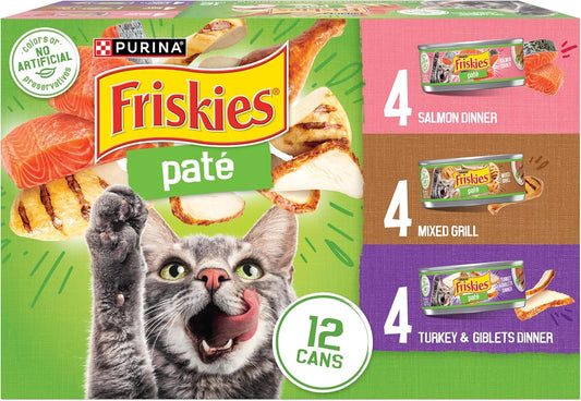 HOTPurina Friskies Wet Cat Food Pate Variety Pack Salmon Dinner, Turkey and Giblets Dinner and Mixed Grill - (2 Packs of 12) 5.5 oz. Cans