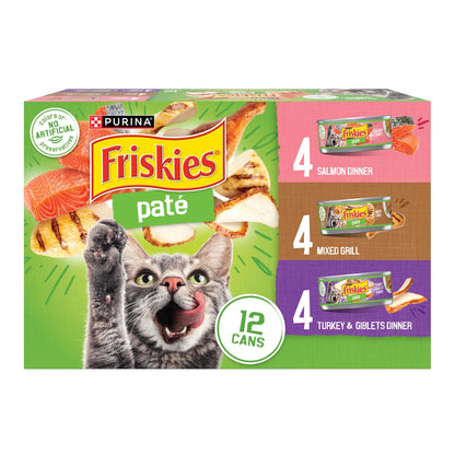 HOTPurina Friskies Wet Cat Food Pate Variety Pack Salmon Dinner, Turkey and Giblets Dinner and Mixed Grill - (2 Packs of 12) 5.5 oz. Cans
