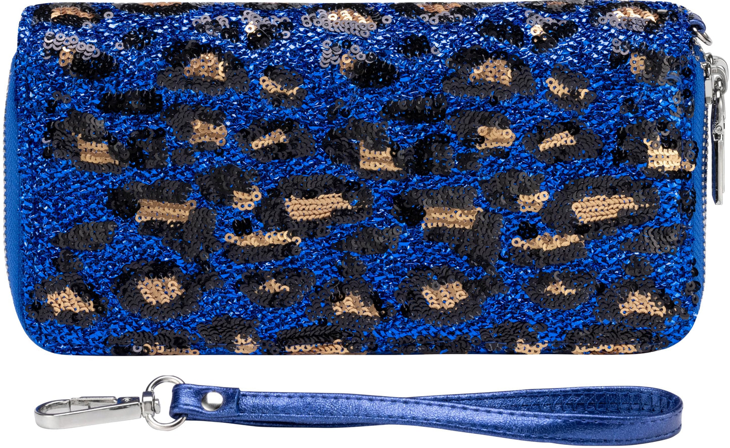 HOTB BRENTANO Vegan Leather Double Zipper Pocket Wallet with Grip Hand Strap (BLUE GLITTER)