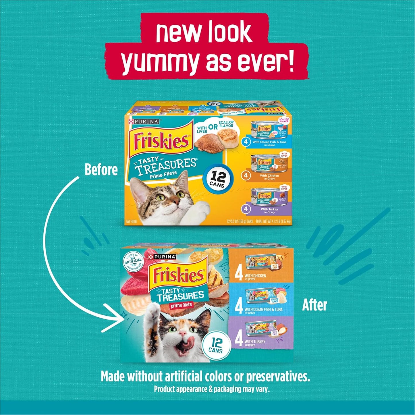 HOTPurina Friskies Wet Cat Food Variety Pack, Tasty Treasures Prime Filets (With Ocean Fish and Tuna, With Chicken and With Turkey) - 5.5 Ounce (Pack of 12)