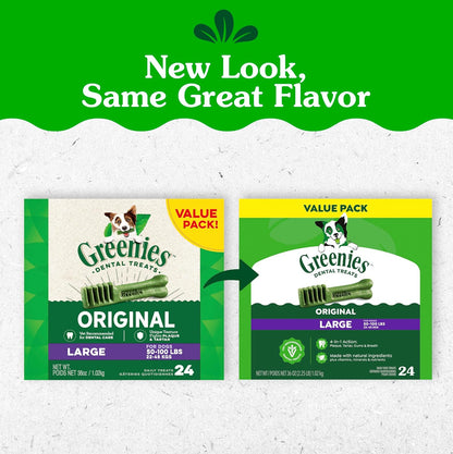 HOTGreenies Large Natural Dental Dog Treats, Original Flavor, 24 Count | Veterinarian-recommended, 47% less tartar & 40% less plaque in 28 days, cleans to gumline, for dogs 50-100 lbs, 36 oz. Pack