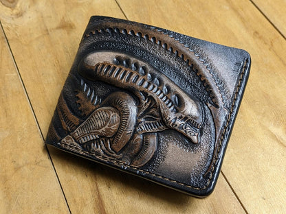 HOTMen's 3D Genuine Leather Wallet, Hand-Carved, Hand-Painted, Leather Carving, Custom wallet, Personalized wallet, Alien