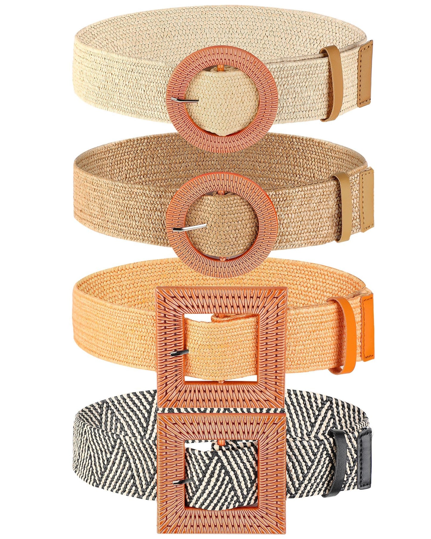 HOTWILLBOND 4 Pcs Women's Elastic Raffia Woven Belt, Boho Rattan Buckle Stretch Straw Wide Waist Belt for Dresses Jeans Pants
