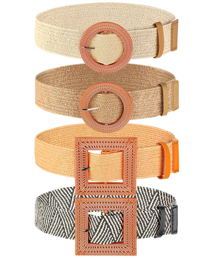HOTWILLBOND 4 Pcs Women's Elastic Raffia Woven Belt, Boho Rattan Buckle Stretch Straw Wide Waist Belt for Dresses Jeans Pants