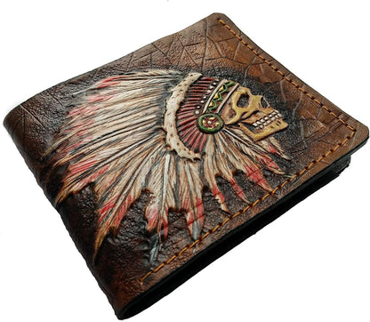 HOTIndian Chief Skull Leather Wallet for Men – Patriotic Native American Tribal Design with Feather Headdress – RFID Genuine Leather Bifold Biker Wallet, Carved & Tooled Wallet, Custom Personalized Gift