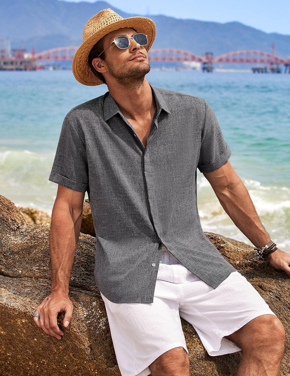 HOTCOOFANDY Men's Linen Shirts Short Sleeve Casual Shirts Button Down Shirt for Men Beach Summer Wedding Shirt