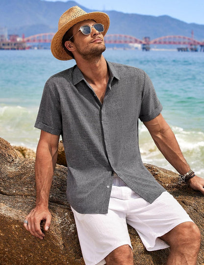 HOTCOOFANDY Men's Linen Shirts Short Sleeve Casual Shirts Button Down Shirt for Men Beach Summer Wedding Shirt