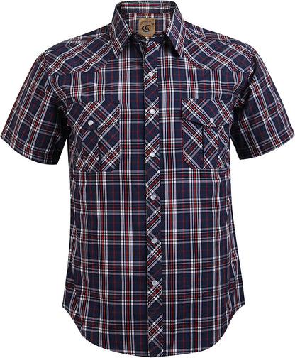HOTCOEVALS CLUB Men's Western Cowboy Short Sleeve Pearl Snap Casual Plaid Work Shirts