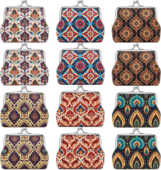 HOT12 Pack Return Gifts Paisley & Mandala Print Coin Purses, Multicolor Indian Traditional Fabric with Clasp Kiss Lock Pouches, Bulk Return Gifts for Pooja