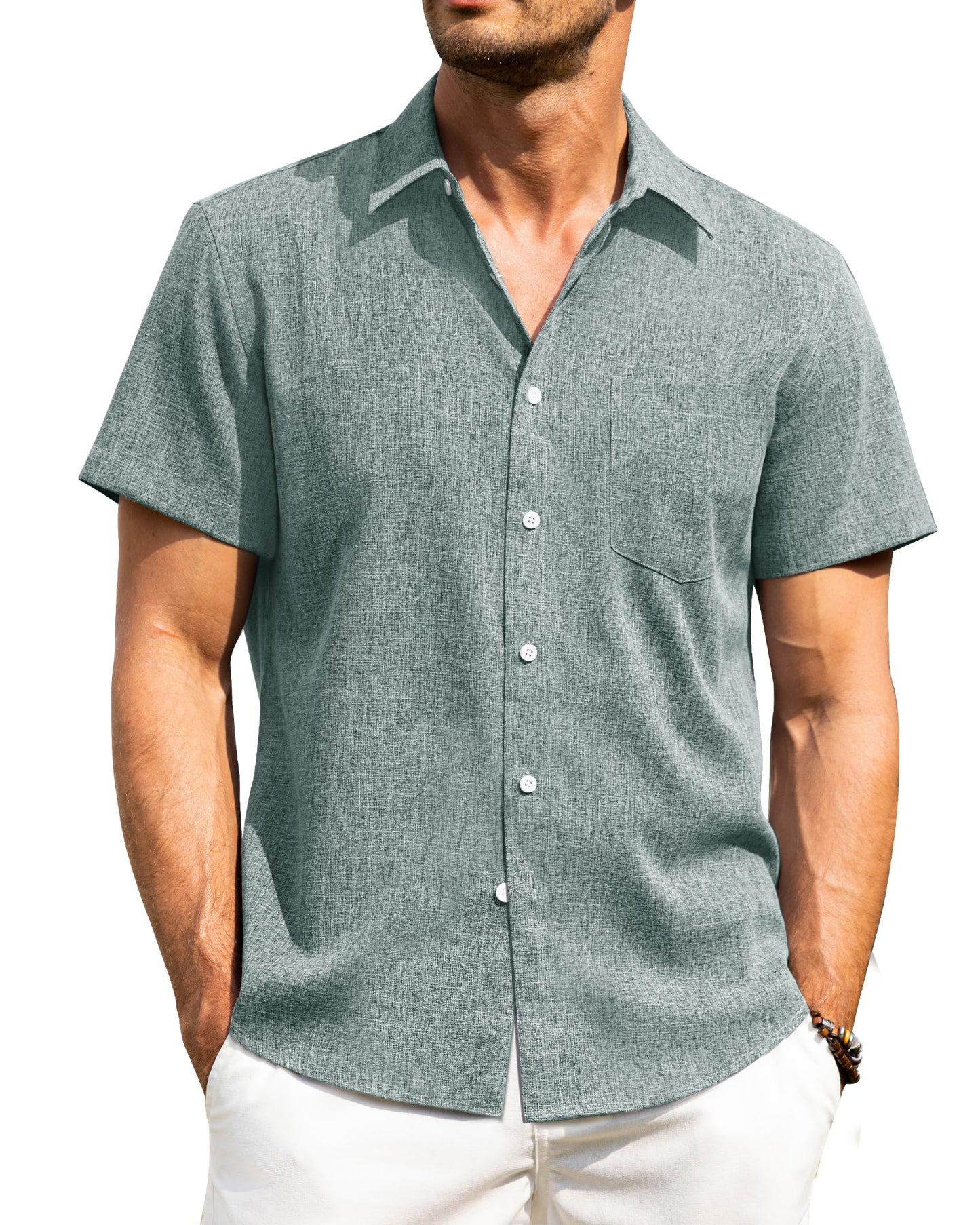 HOTAlimens & Gentle Mens Linen Shirts Short Sleeve Button Down Shirts Wrinkle Free Casual Vacation Beach Summer Tops