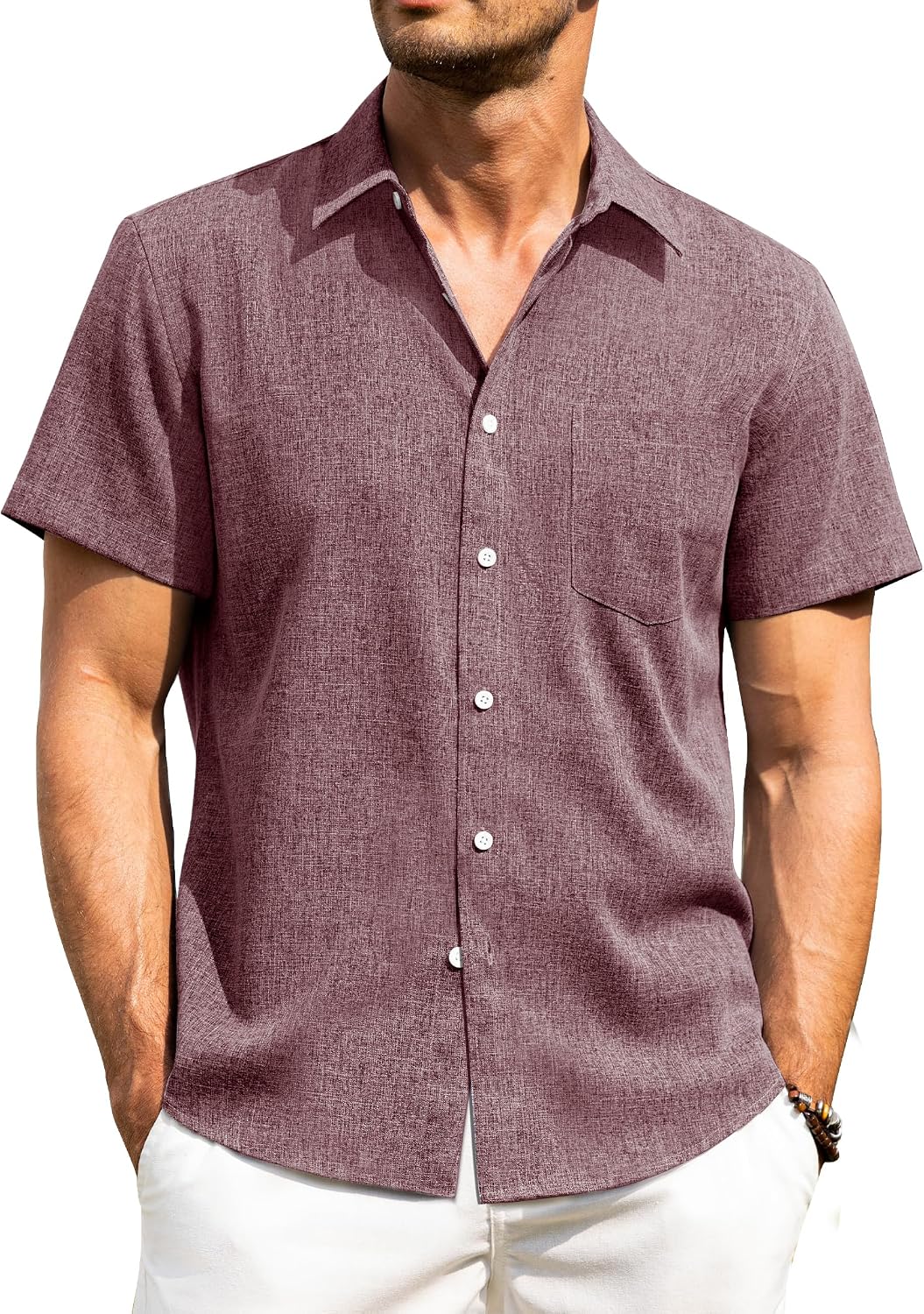 HOTAlimens & Gentle Mens Linen Shirts Short Sleeve Button Down Shirts Wrinkle Free Casual Vacation Beach Summer Tops