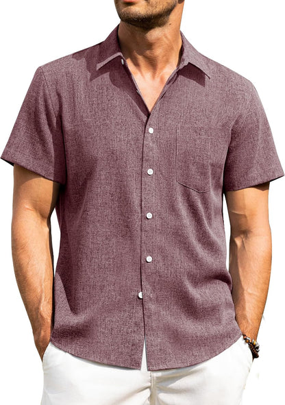 HOTAlimens & Gentle Mens Linen Shirts Short Sleeve Button Down Shirts Wrinkle Free Casual Vacation Beach Summer Tops