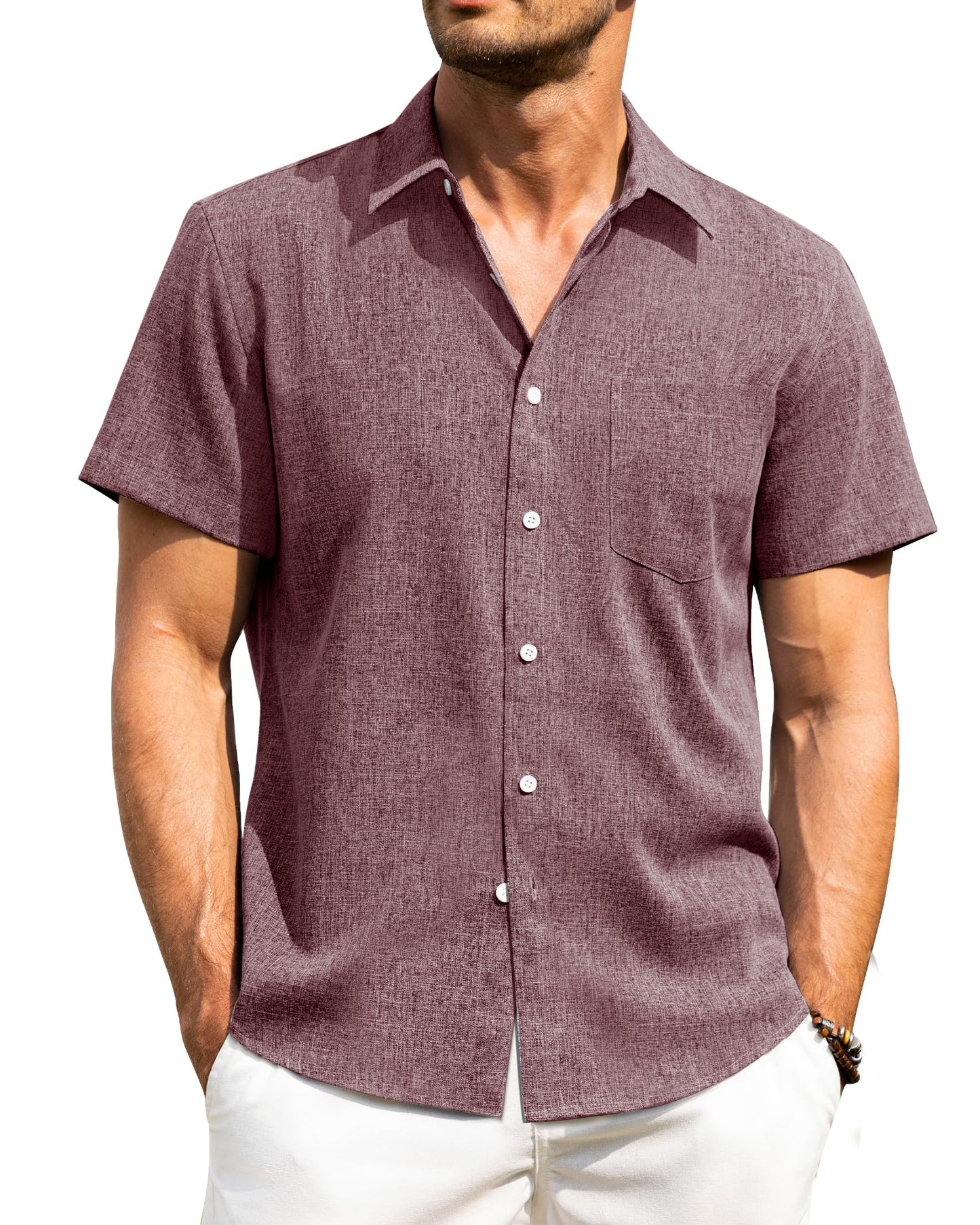 HOTAlimens & Gentle Mens Linen Shirts Short Sleeve Button Down Shirts Wrinkle Free Casual Vacation Beach Summer Tops