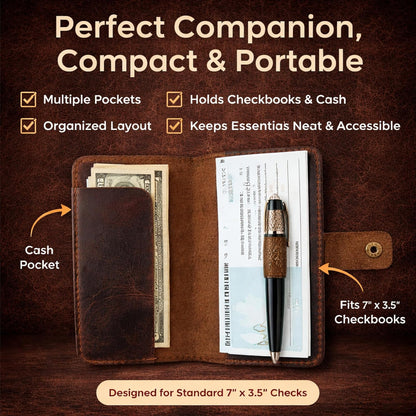 HOTLeather Checkbook Cover with Pen Loop, Full Grain Check Book Holder Wallet for Personal & Duplicate Checks, Slim Money Organizer for Men & Women – Brown